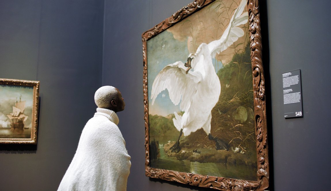 Woman views painting The endangered swan at Rijksmuseum. Painted by Dutch artist Jan Asselijn ca. 1650