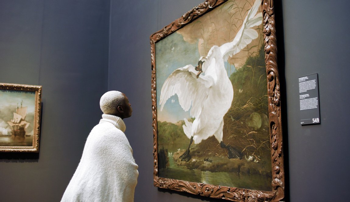 Woman views painting The endangered swan at Rijksmuseum. Painted by Dutch artist Jan Asselijn ca. 1650 Woman views painting The endangered swan at Rijksmuseum. Painted by Dutch artist Jan Asselijn ca. 1650