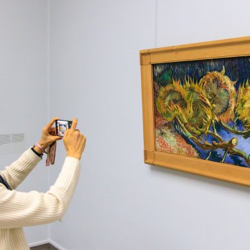 A visitor photographs Van Gogh&rsquo;s painting Sunflowers at the Kr&ouml;ller-M&uuml;ller Museum in Otterlo
