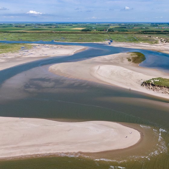 Aerial of the slufter national park with water inlet in the dunes of dutch island Texe