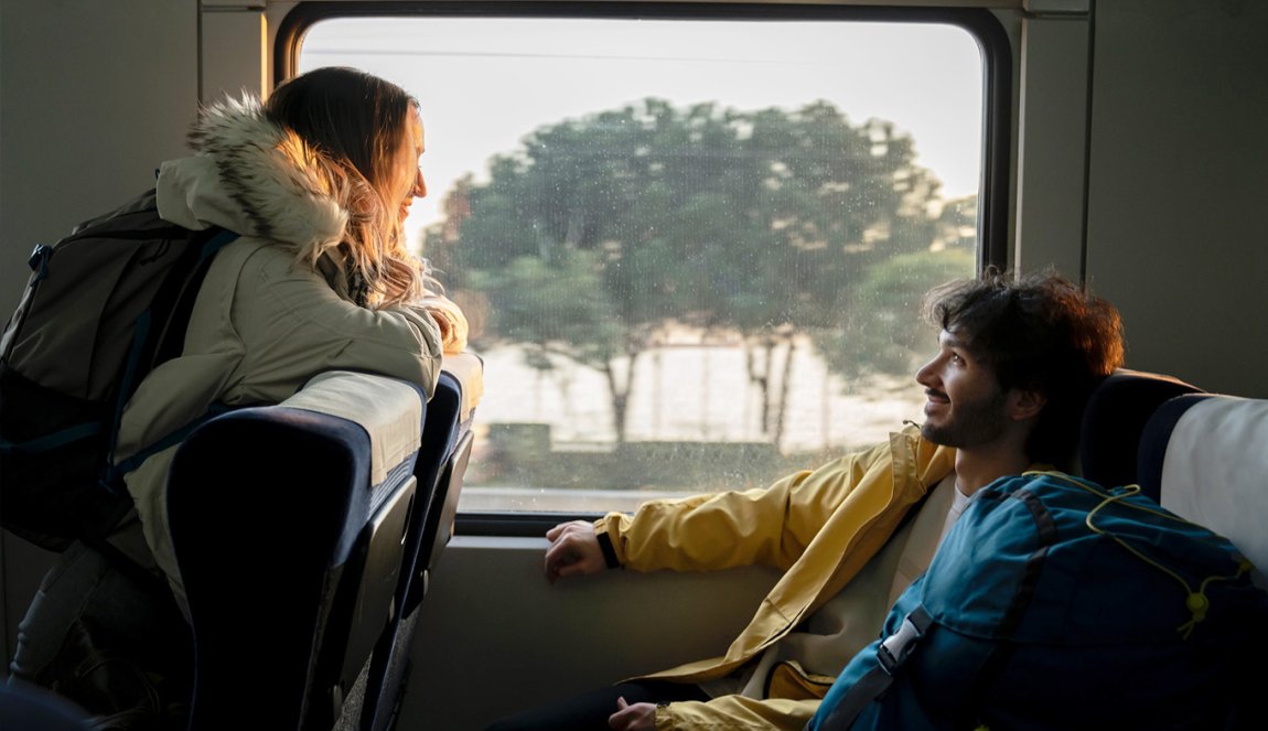 Couple travelling with luggage in train