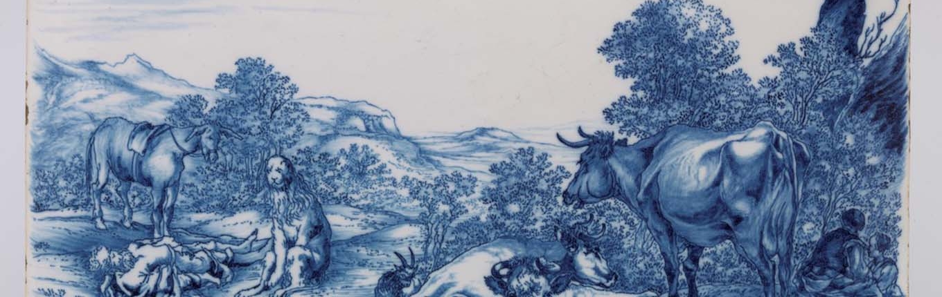 Plaque with biblical scene 'The prophet of Judah killed by a lion', 1658 tin-glazed earthenware, Museum Prinsenhof Delft. On loan from the Stichting voor Hulp aan Delftse Jongeren (SHDJ) (photo Tom Haartsen)