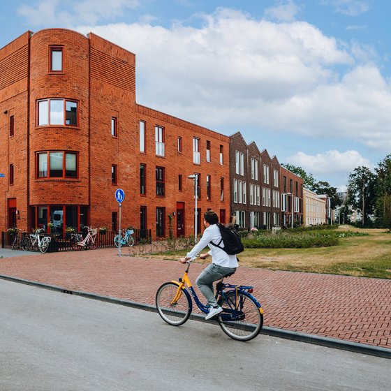 Utrecht Leeuwesteyn cyclist along block of houses