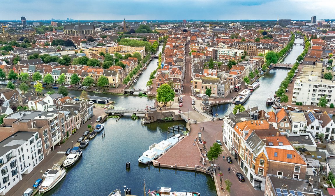 Aerial drone view of Leiden town cityscape from above