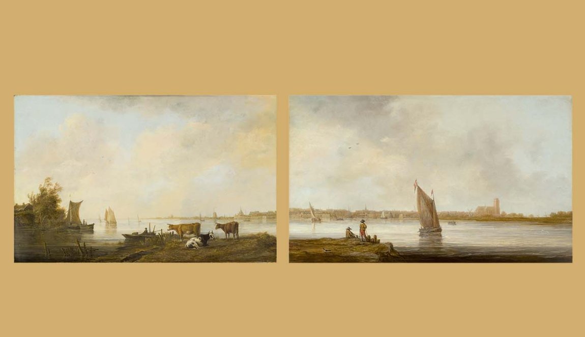 Links: Aelbert Cuyp, Riviergezicht bij Dordrecht, Los Angeles County Museum, ca. 1644-45, Los AngelesRechts: Aelbert Cuyp, Gezicht op Dordrecht, Museum der bildenden Künste, ca. 1644-45, Leipzig. Links: Aelbert Cuyp, Riviergezicht bij Dordrecht, Los Angeles County Museum, ca. 1644-45, Los AngelesRechts: Aelbert Cuyp, Gezicht op Dordrecht, Museum der bildenden Künste, ca. 1644-45, Leipzig.
