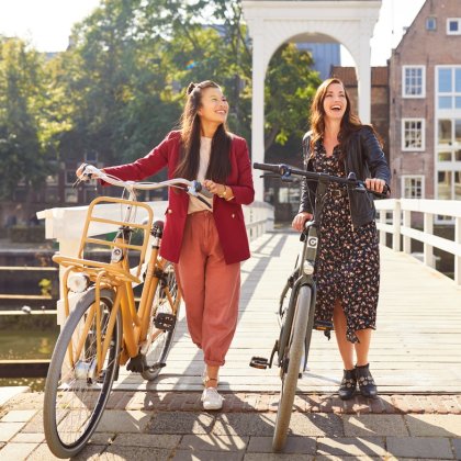 Typical Dutch city scene with cyclists and canals in Zwolle, the Netherlands
