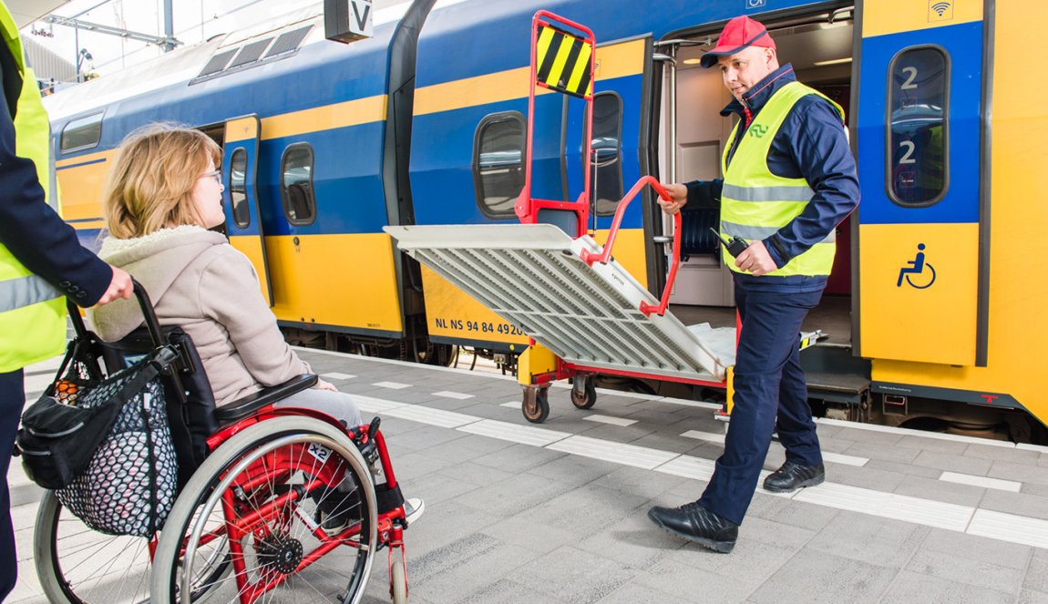 Station assistance; lady in wheelchair gets help to enter train.