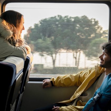 Couple travelling with luggage in train