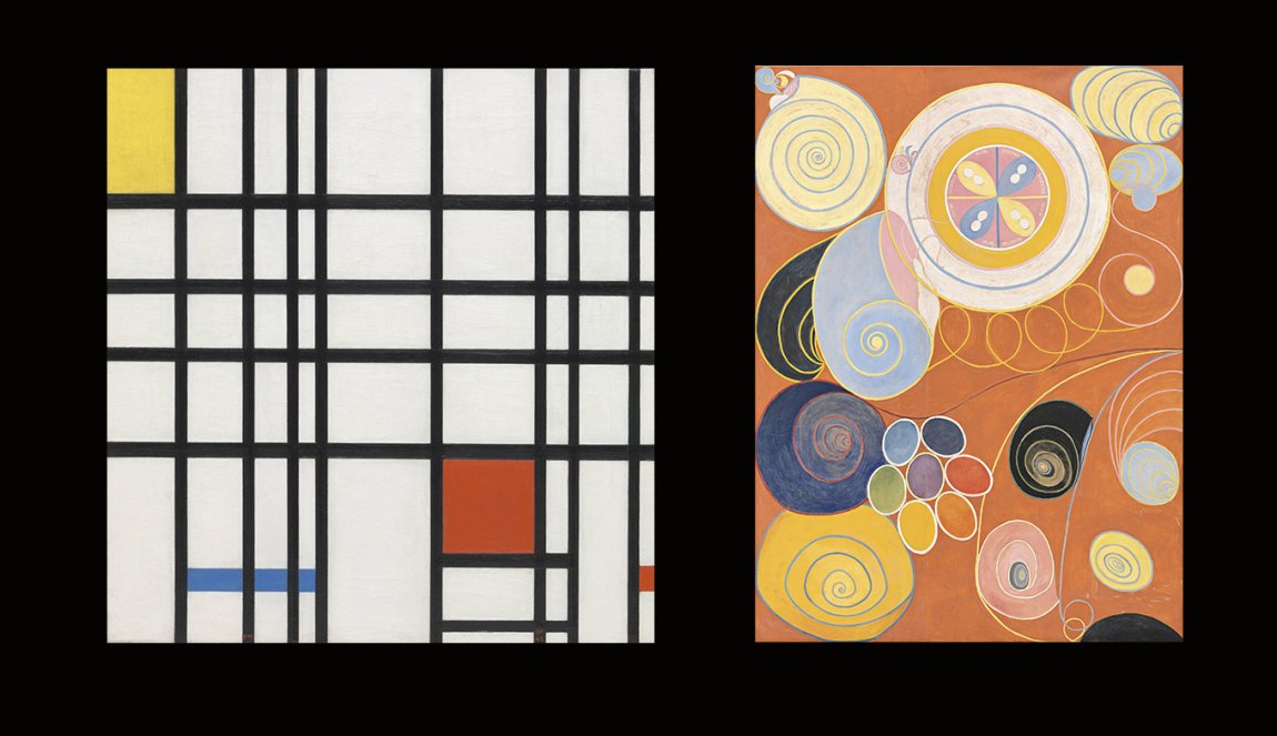 Piet Mondrian Composition with Red, Yellow and Blue c.1937-42 and Hilma af Klint, The Ten Largest, Group IV, No. 3, Youth, 1907 Piet Mondrian Composition with Red, Yellow and Blue c.1937-42 and Hilma af Klint, The Ten Largest, Group IV, No. 3, Youth, 1907