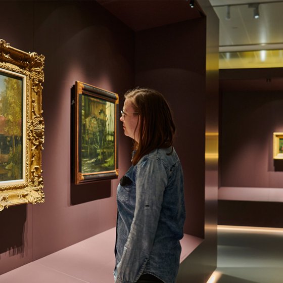 The North Brabant Museum 's-Hertogenbosch, Van Gogh room visitor views Van Gogh painting 