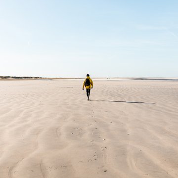 Outdoor winter escape in Goeree Overflakkee, man walks on deserted beach Kwade Hoek, Goedereede